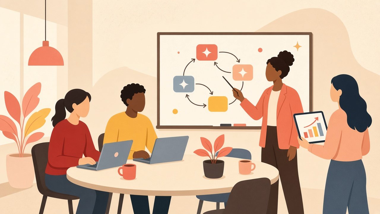 Illustration: a small team around a table while a colleague presents an AI workflow on a whiteboard